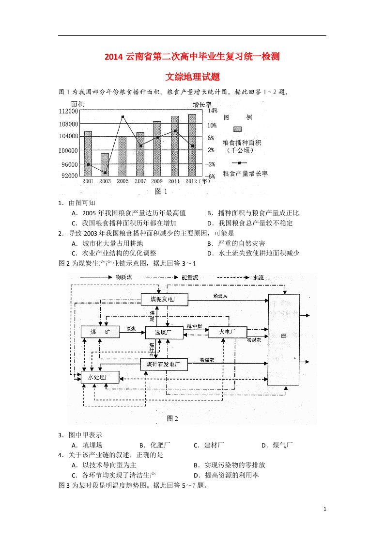 云南省高三地理第二次复习统一检测（云南省二模）新人教版