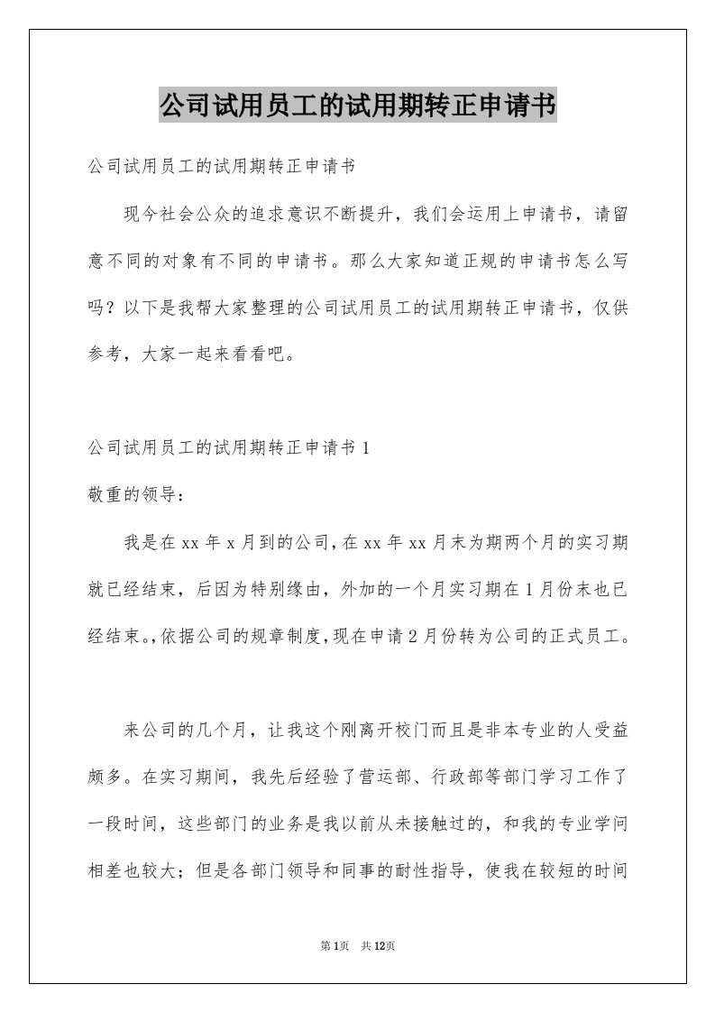 公司试用员工的试用期转正申请书范本