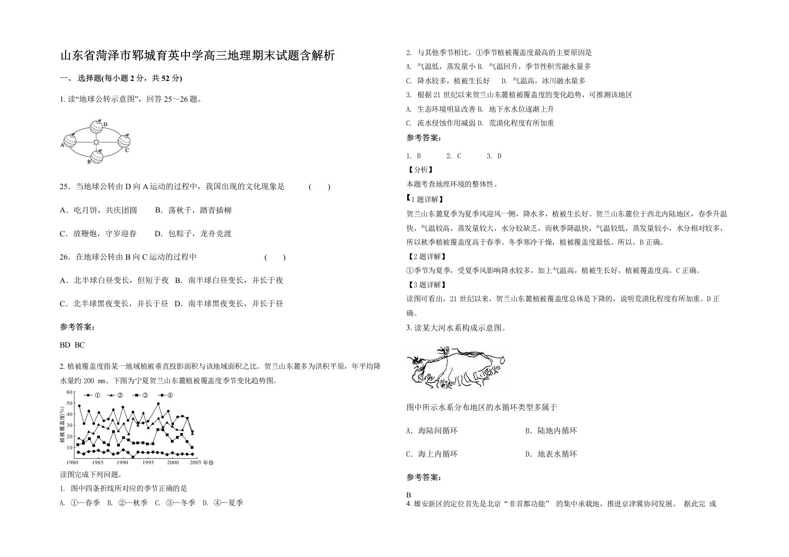 山东省菏泽市郓城育英中学高三地理期末试题含解析