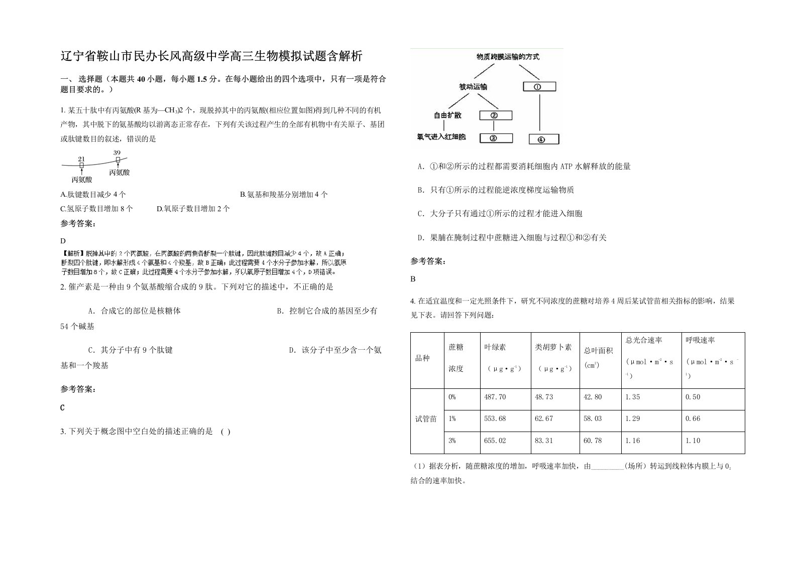 辽宁省鞍山市民办长风高级中学高三生物模拟试题含解析