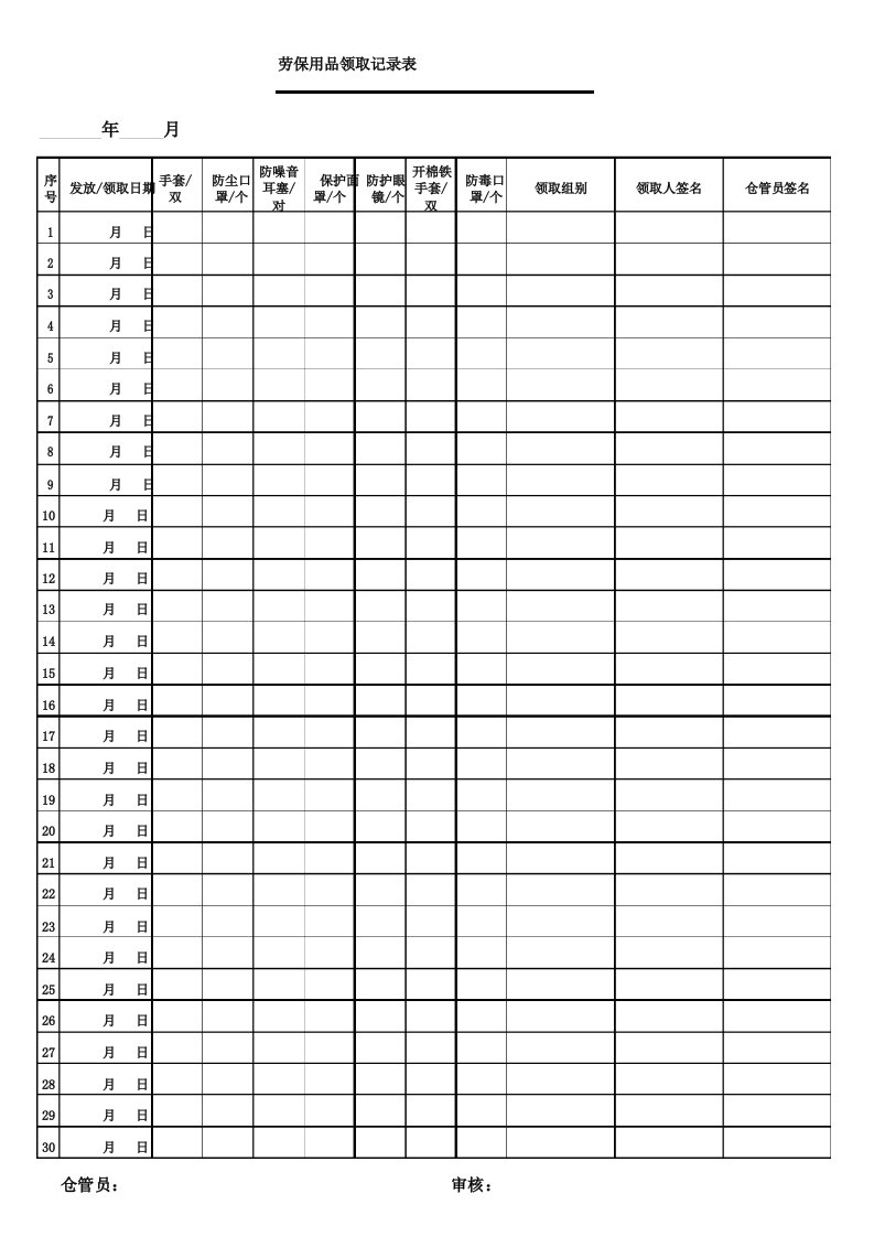 每月劳保用品领取登记表