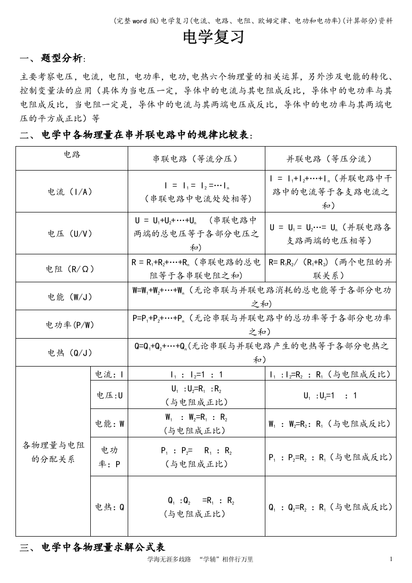 电学复习(电流、电路、电阻、欧姆定律、电功和电功率)(计算部分)资料