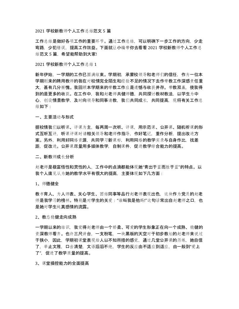 2021学校新教师个人工作总结范文5篇