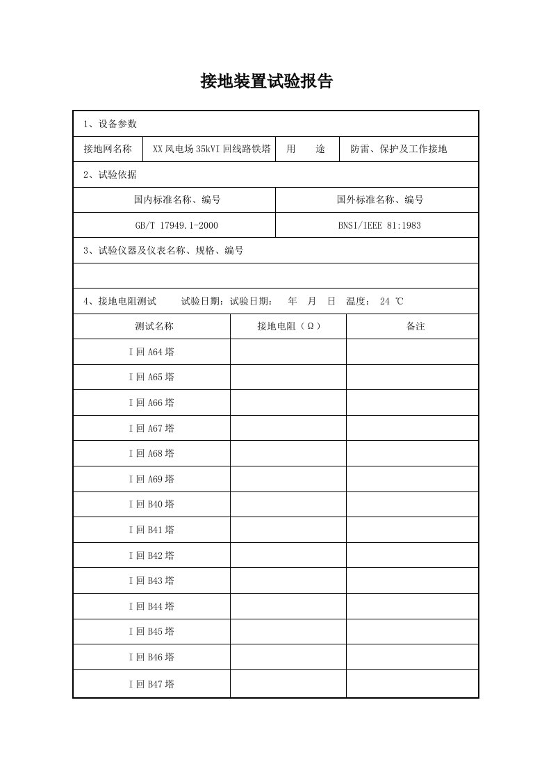 风电场35kV集电线路杆塔接地电阻试验报告