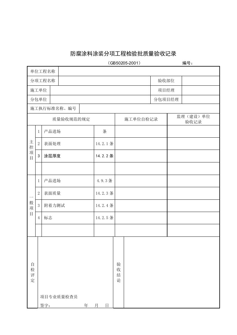 防腐涂料涂装分项工程检验批质量验收记录