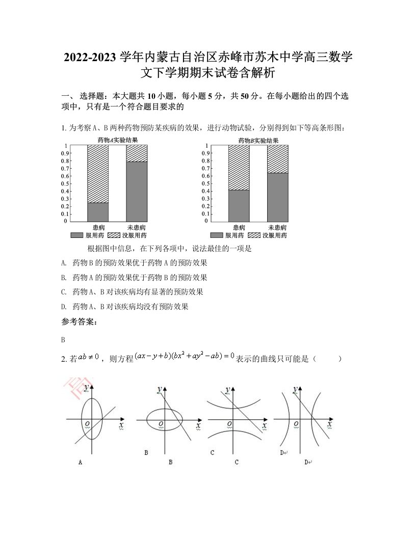 2022-2023学年内蒙古自治区赤峰市苏木中学高三数学文下学期期末试卷含解析