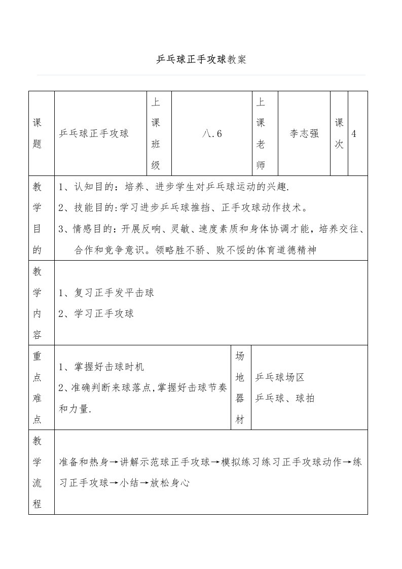 乒乓球正手攻球教案