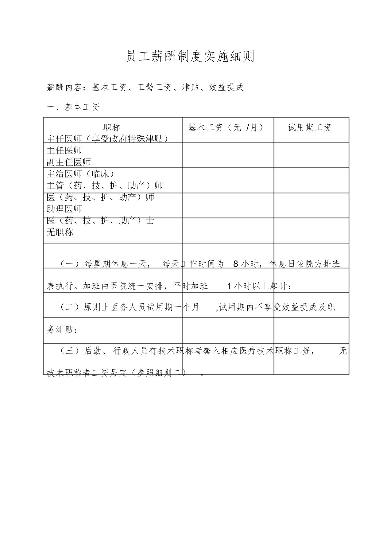 建筑资料-医院员工薪酬制度实施细则