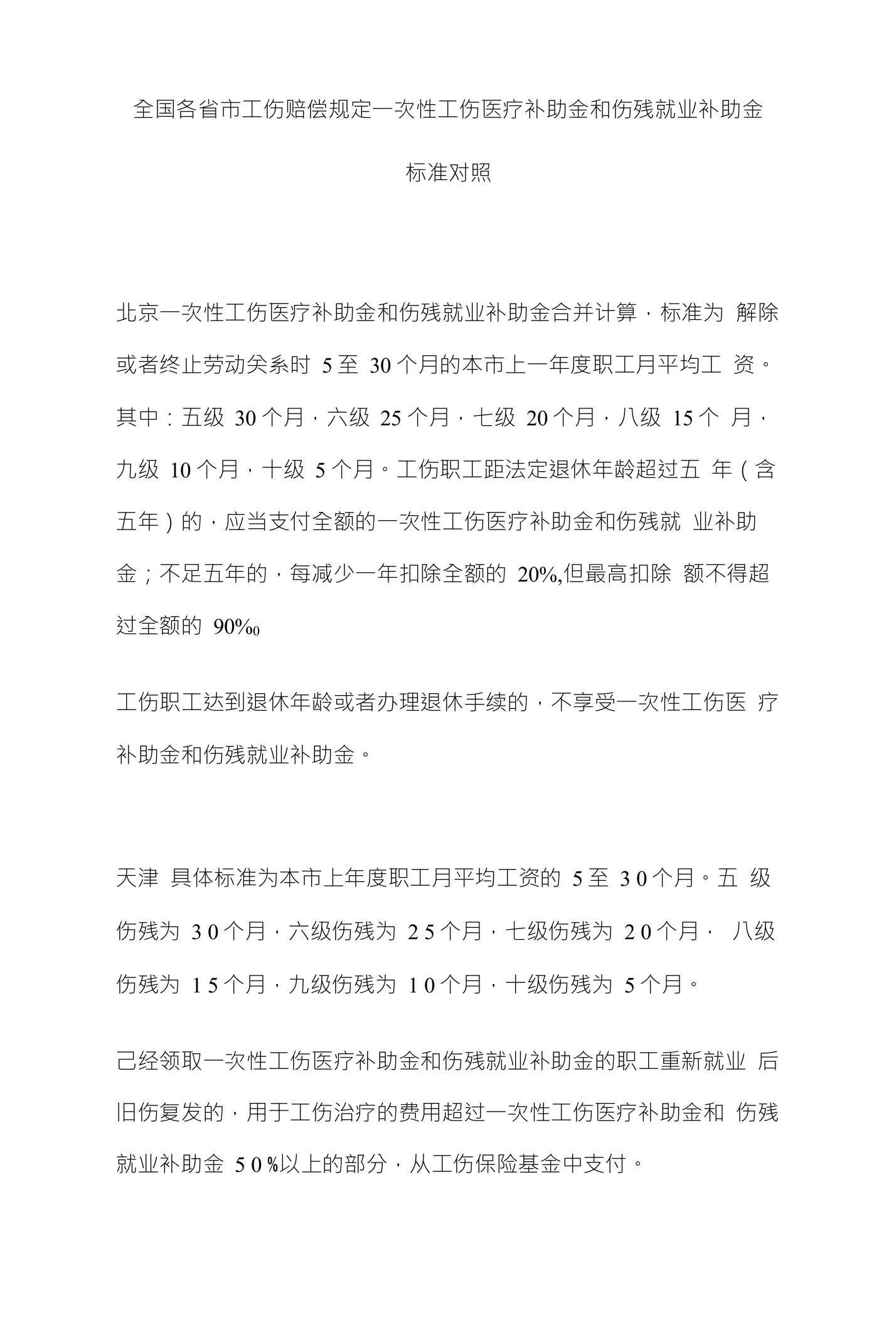 全国各省市工伤赔偿规定一次性工伤医疗补助金和伤残就业补助金