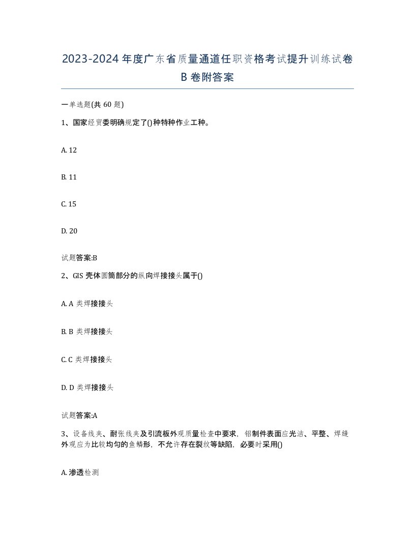 20232024年度广东省质量通道任职资格考试提升训练试卷B卷附答案