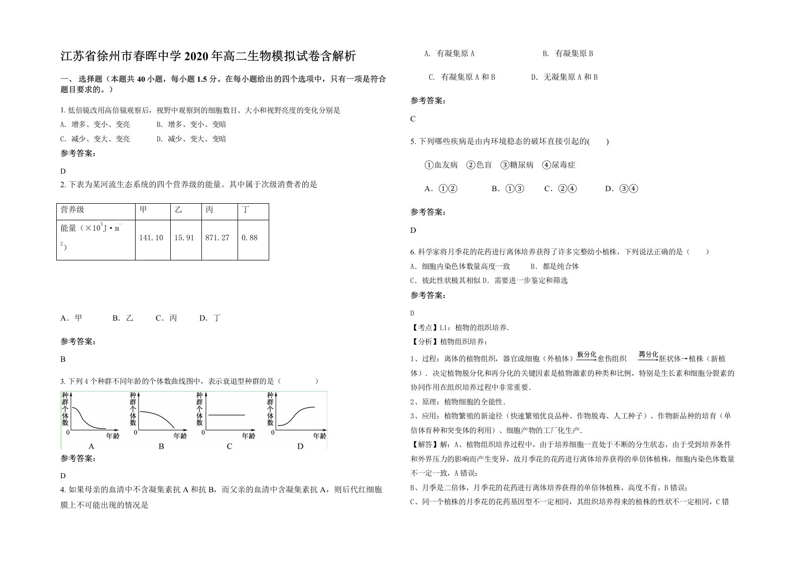 江苏省徐州市春晖中学2020年高二生物模拟试卷含解析