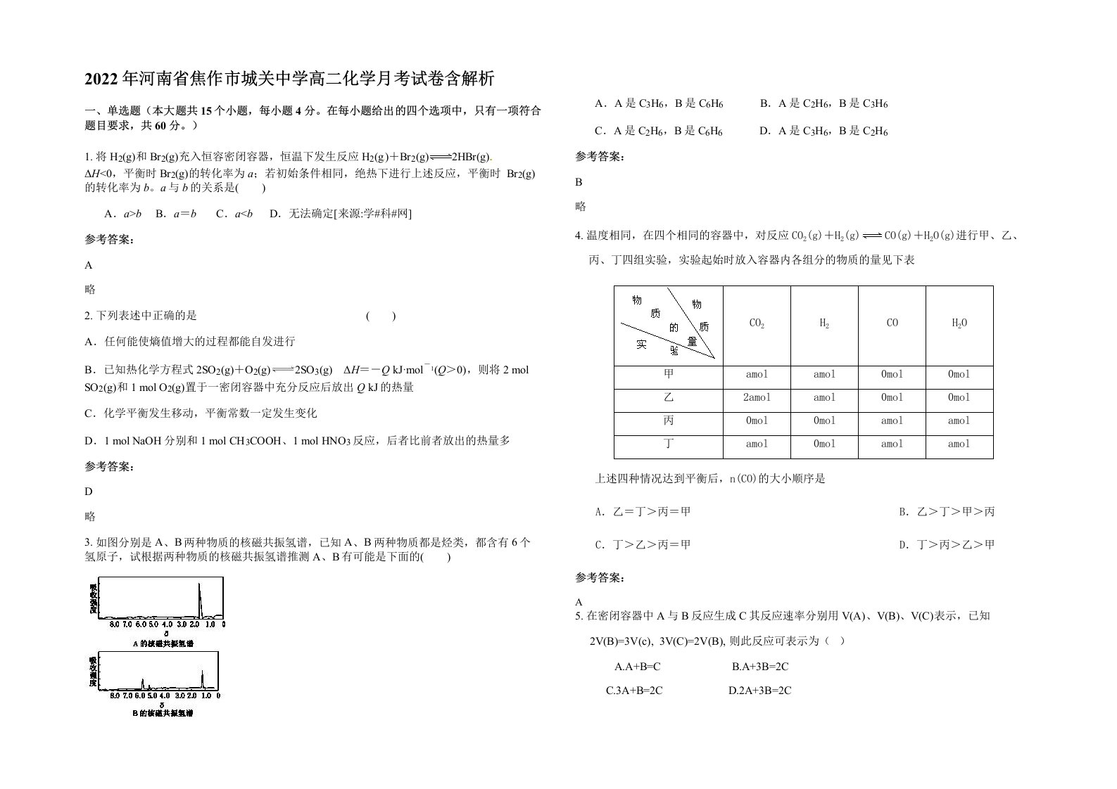 2022年河南省焦作市城关中学高二化学月考试卷含解析