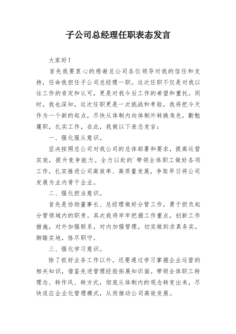 子公司总经理任职表态发言