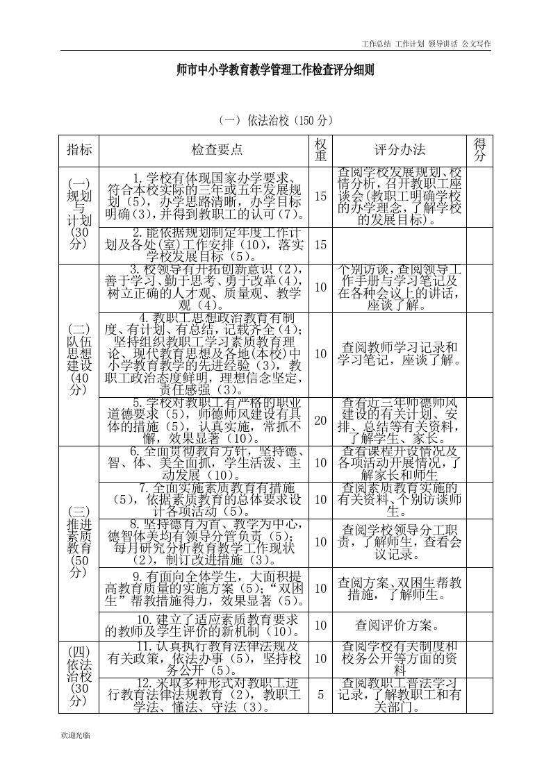 师市中小学教育教学管理工作检查评分细则