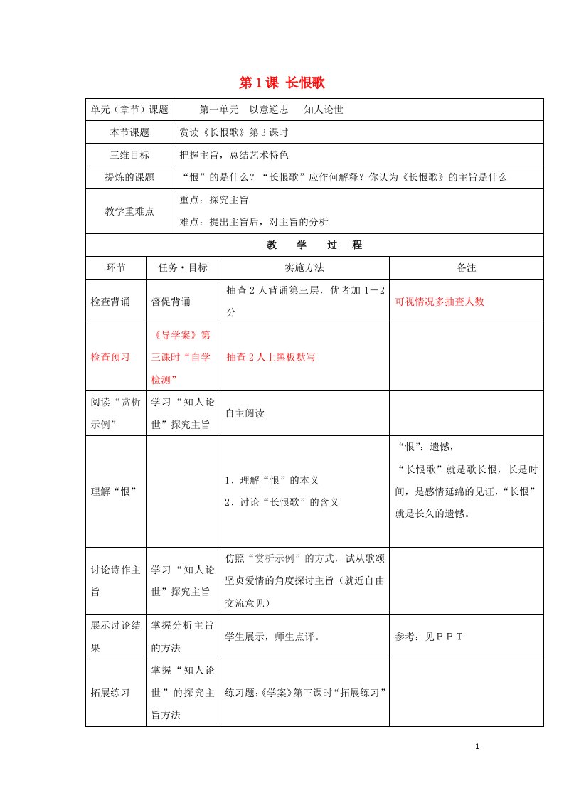 陕西省安康市石泉县高中语文第一单元以意逆志知人论世第1课长恨歌教案2新人教版选修中国古代诗歌散文鉴赏