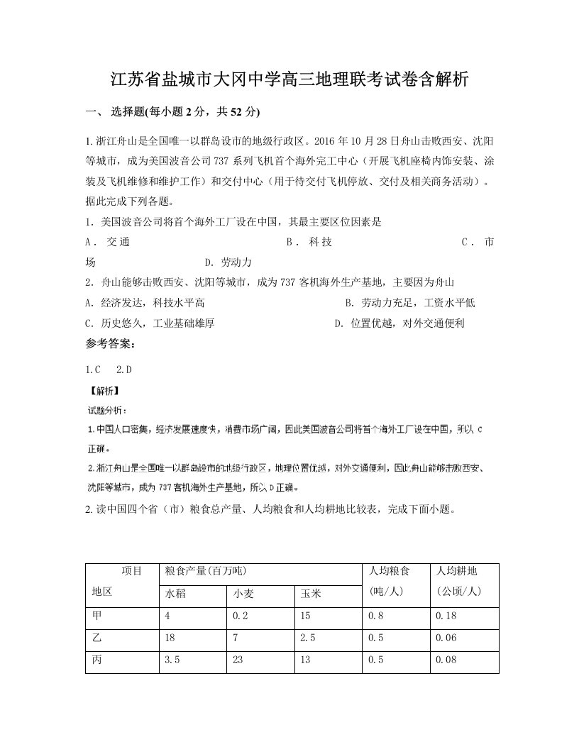 江苏省盐城市大冈中学高三地理联考试卷含解析