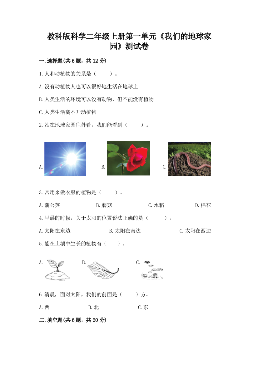 教科版科学二年级上册第一单元《我们的地球家园》测试卷（典型题）