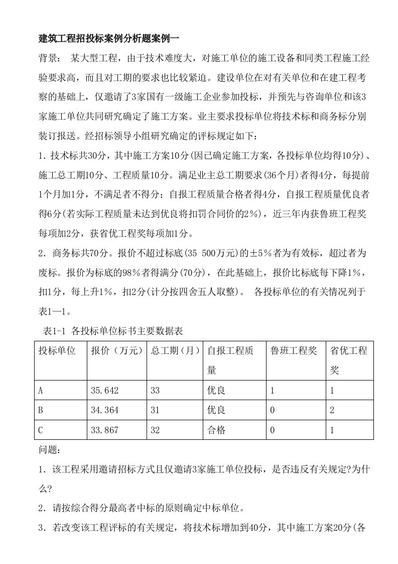 建筑工程招投标案例分析题案例