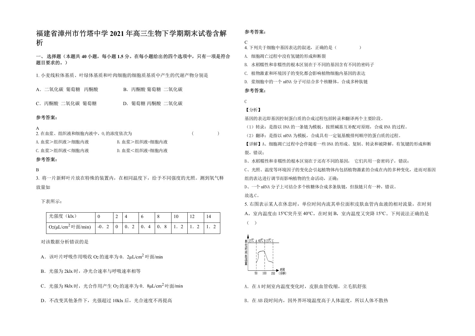 福建省漳州市竹塔中学2021年高三生物下学期期末试卷含解析