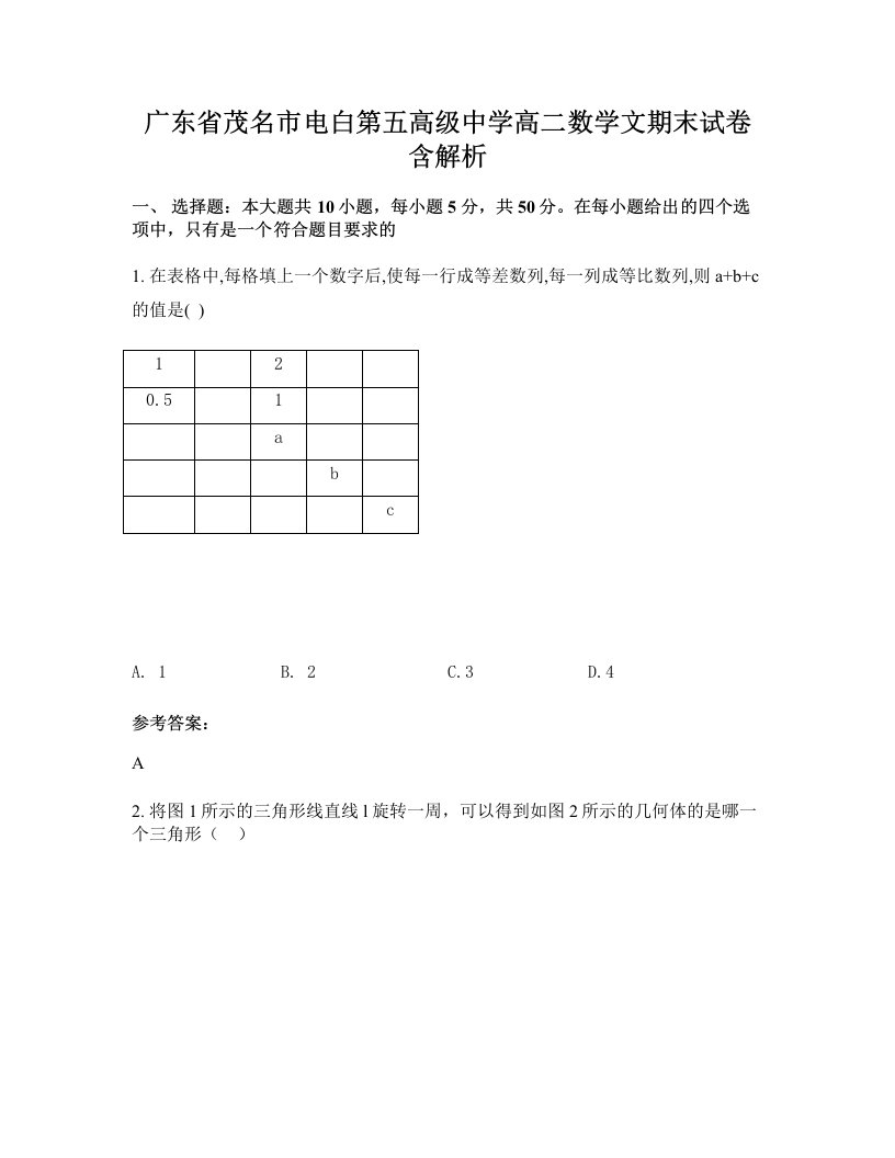 广东省茂名市电白第五高级中学高二数学文期末试卷含解析