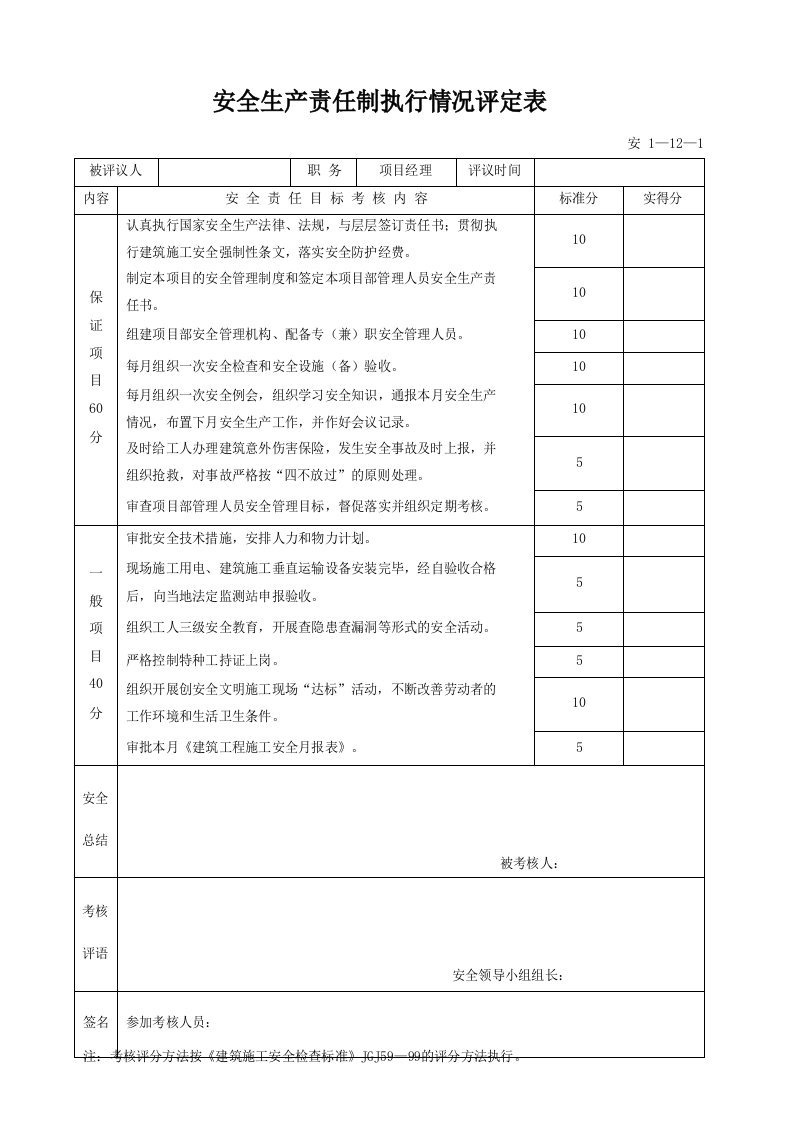 建筑工程-安11201_安全生产责任制执行情况评定表参考表