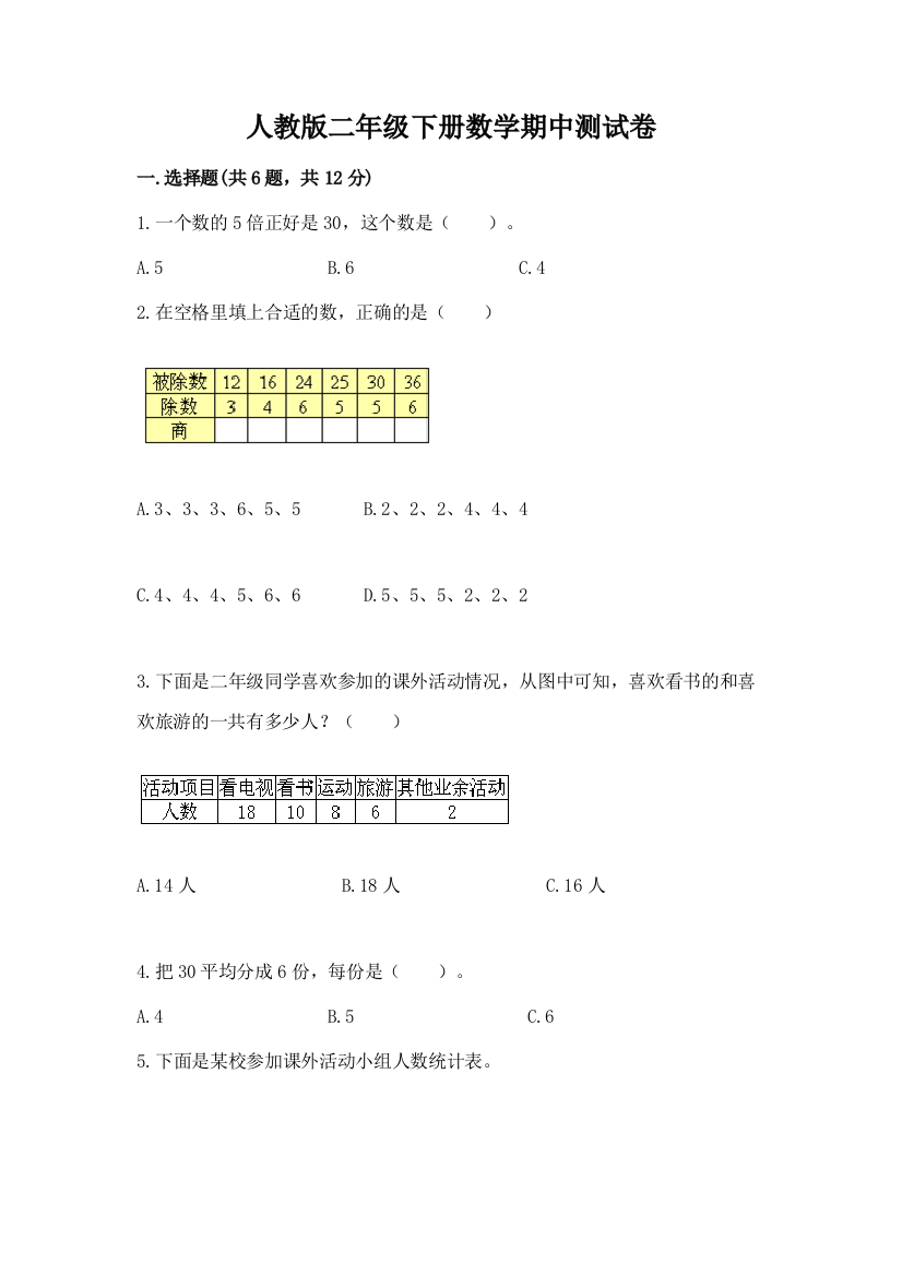 人教版二年级下册数学期中测试卷【夺分金卷】