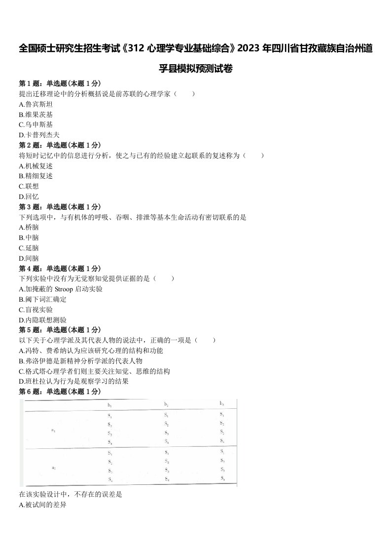 全国硕士研究生招生考试《312心理学专业基础综合》2023年四川省甘孜藏族自治州道孚县模拟预测试卷含解析