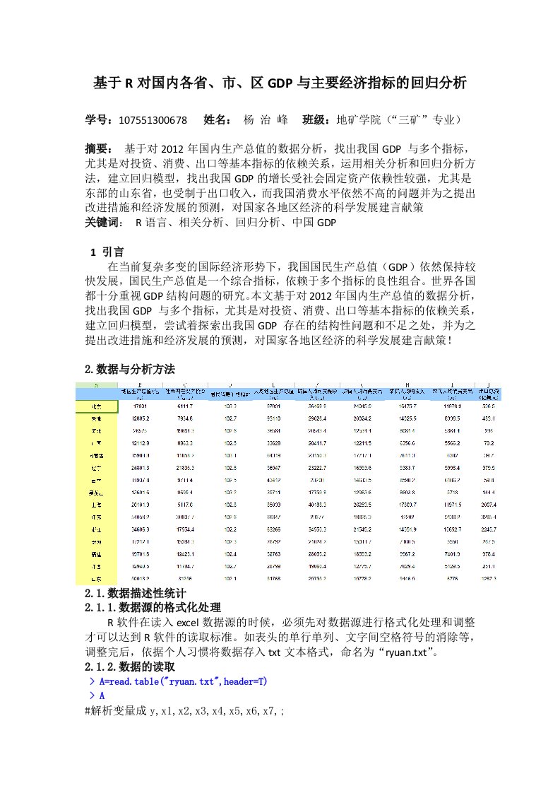 题目基于R对国内各省市区主要经济指标的相关性分析与回归分析