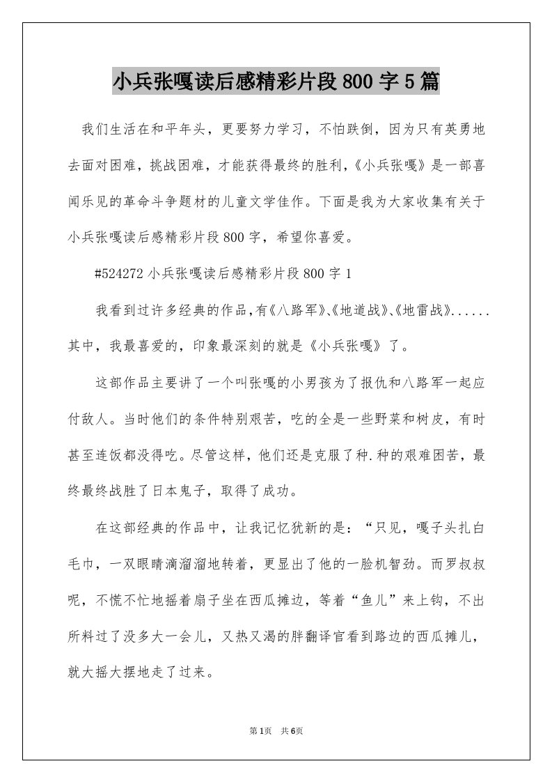 小兵张嘎读后感精彩片段800字5篇