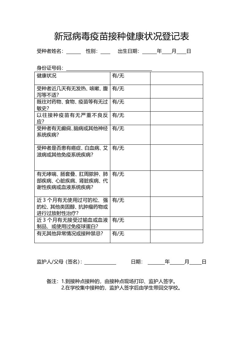 新冠病毒疫苗接种健康状况登记表