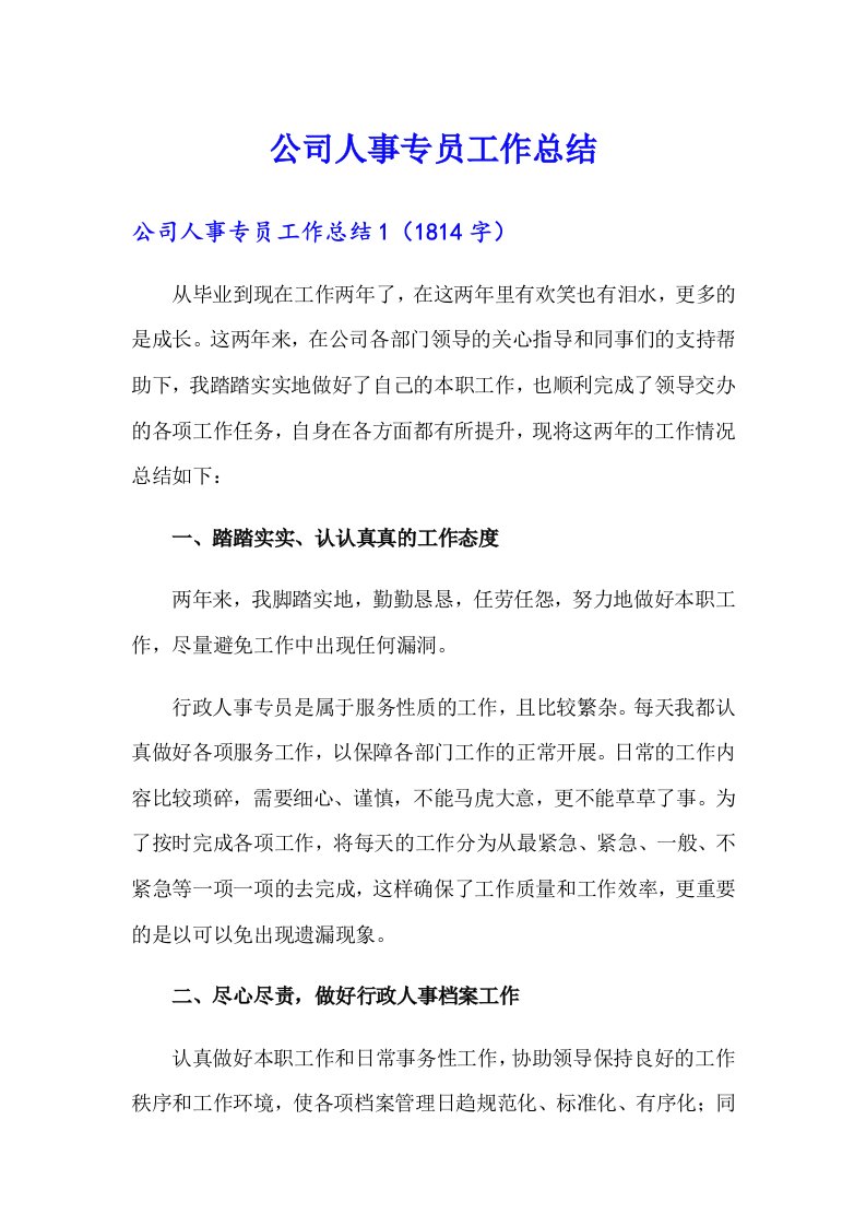 公司人事专员工作总结