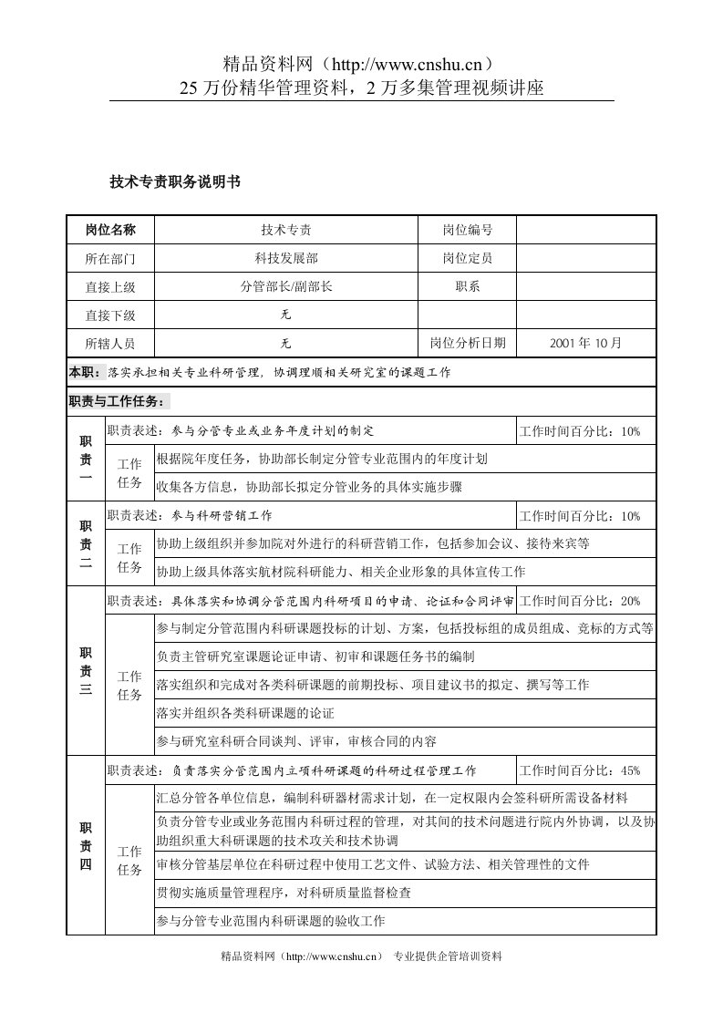 航材院科技发展部技术专责职务说明书