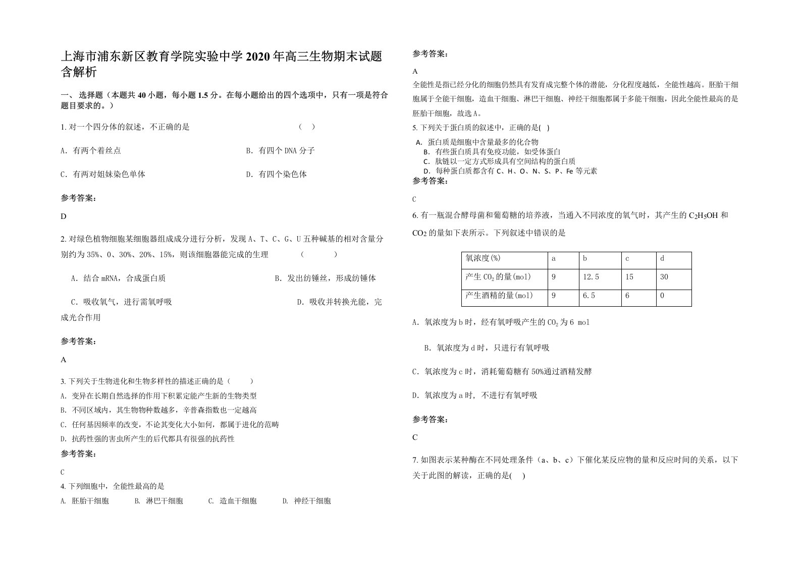 上海市浦东新区教育学院实验中学2020年高三生物期末试题含解析