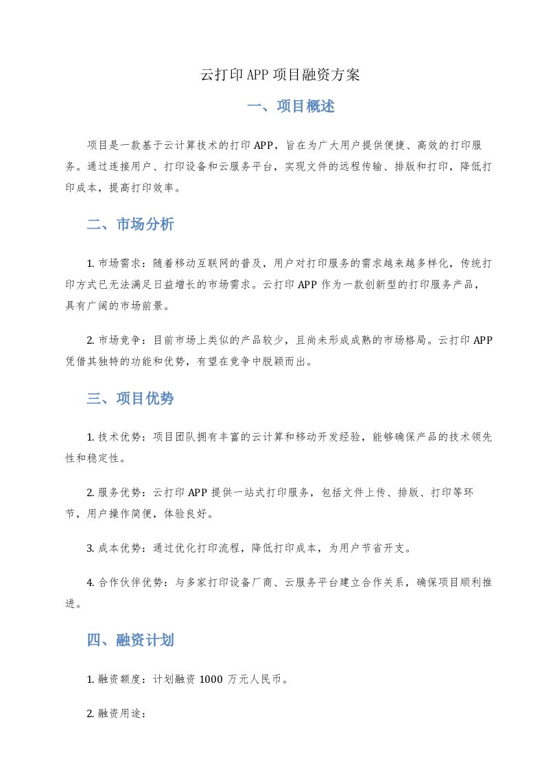 云打印app项目融资方案