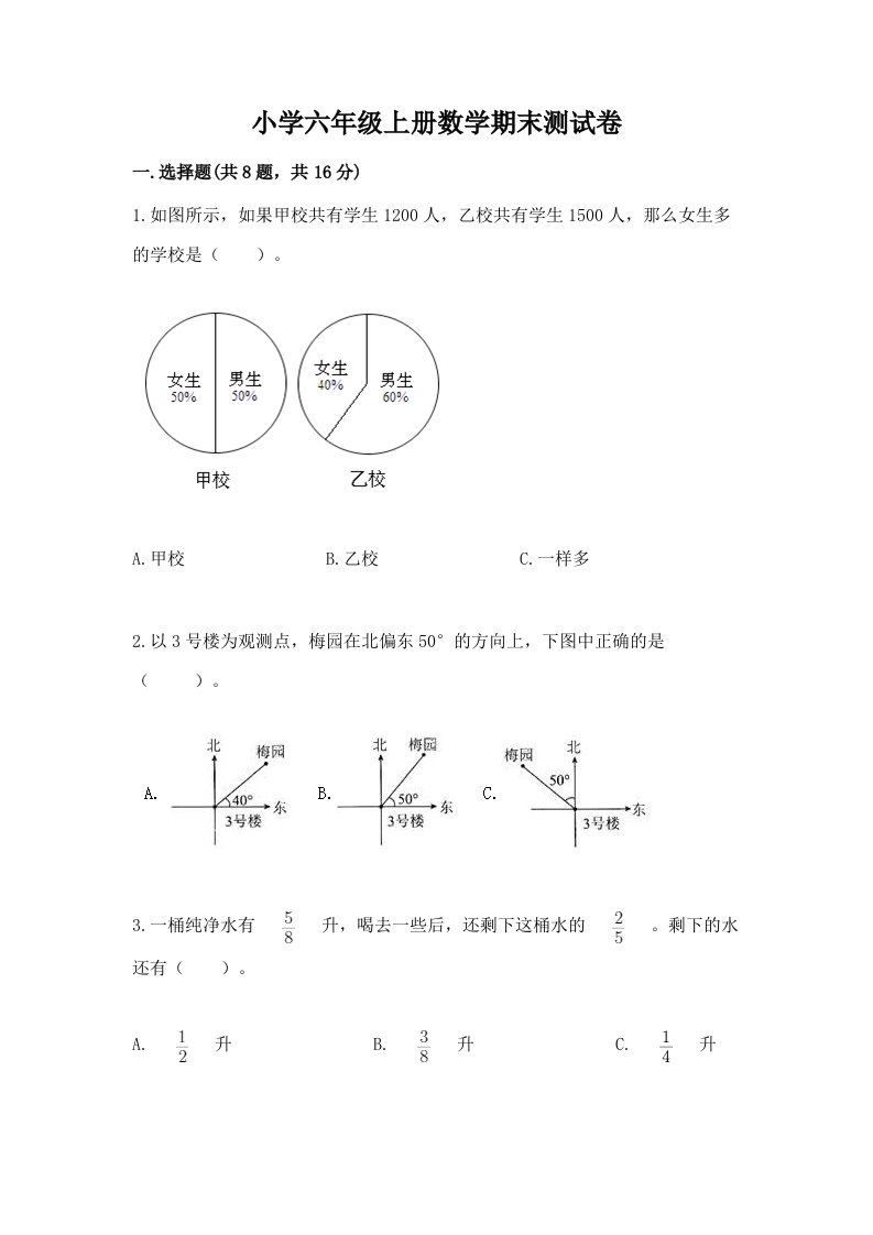 小学六年级上册数学期末测试卷带答案（基础题）