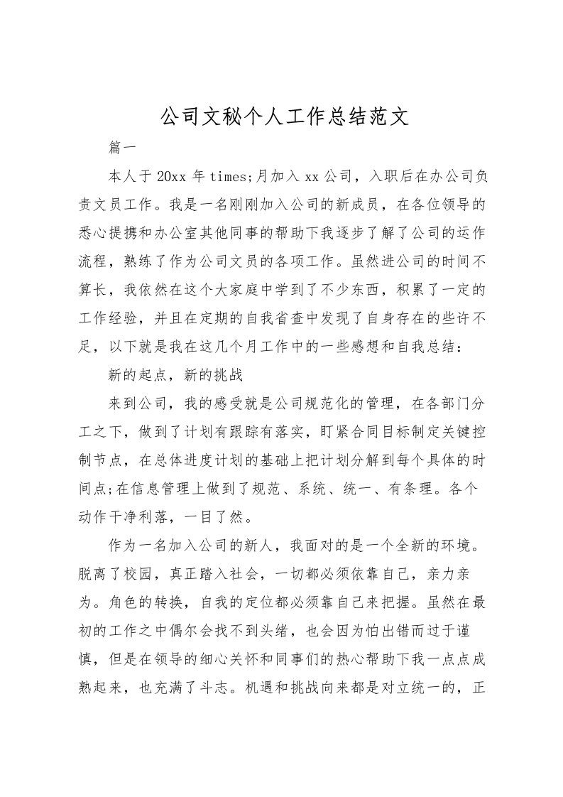 2022公司文秘个人工作总结范文