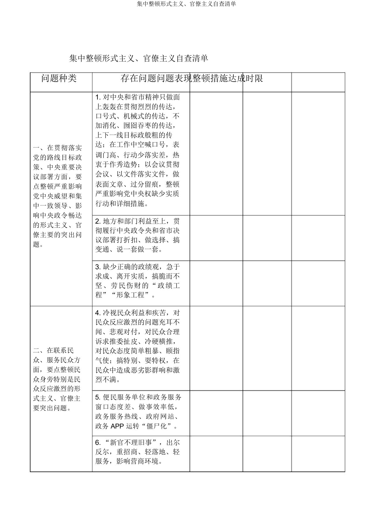 集中整治形式主义官僚主义自查清单