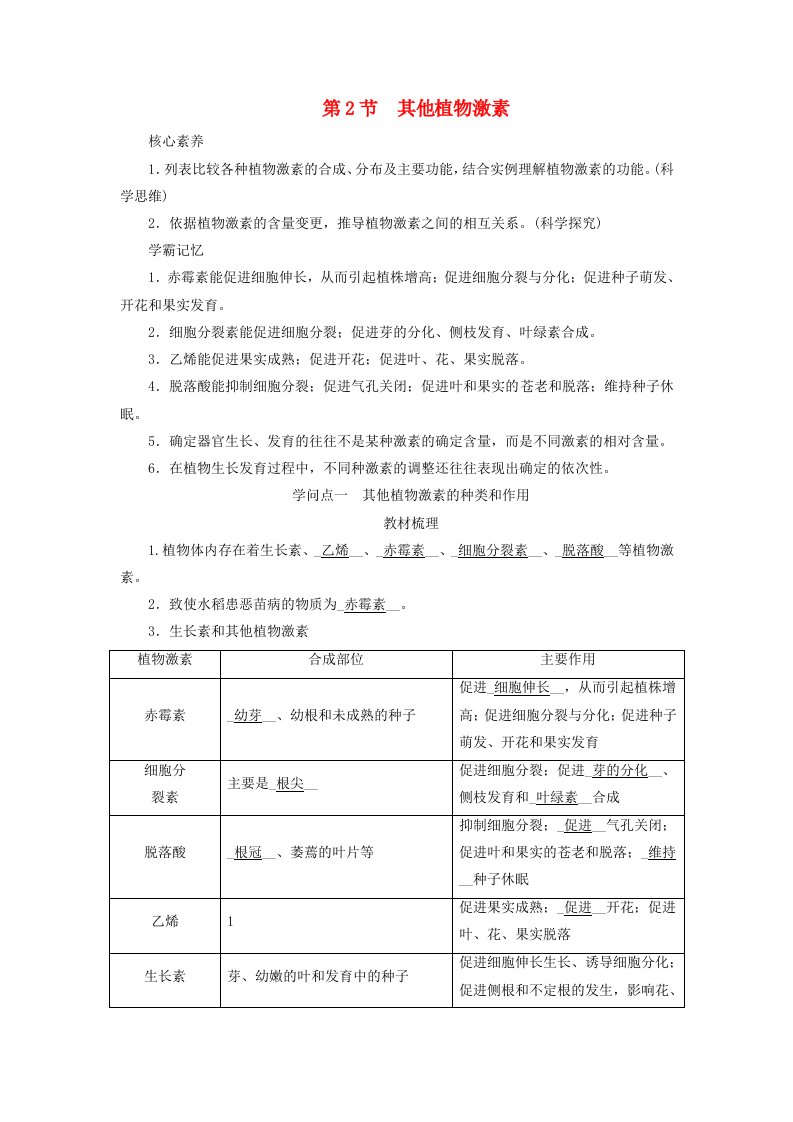 2025版新教材高中生物第5章植物生命活动的调节第2节其他植物激素知识点一其他植物激素的种类和作用学生用书新人教版选择性必修1