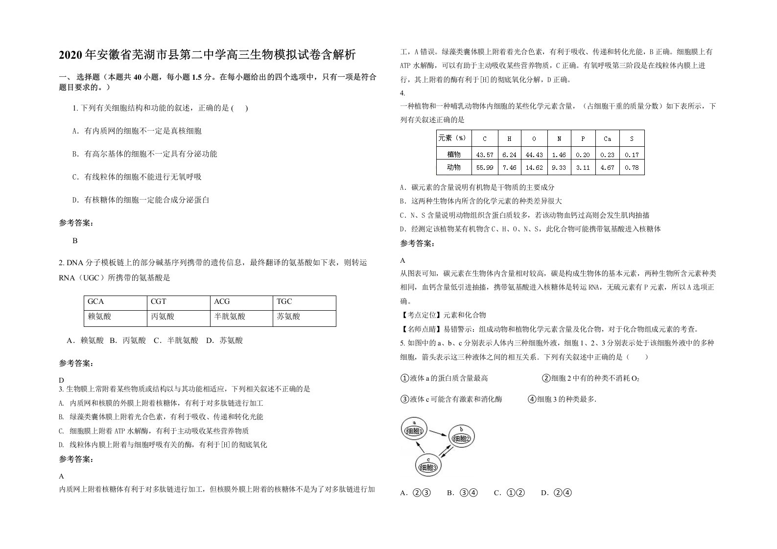 2020年安徽省芜湖市县第二中学高三生物模拟试卷含解析