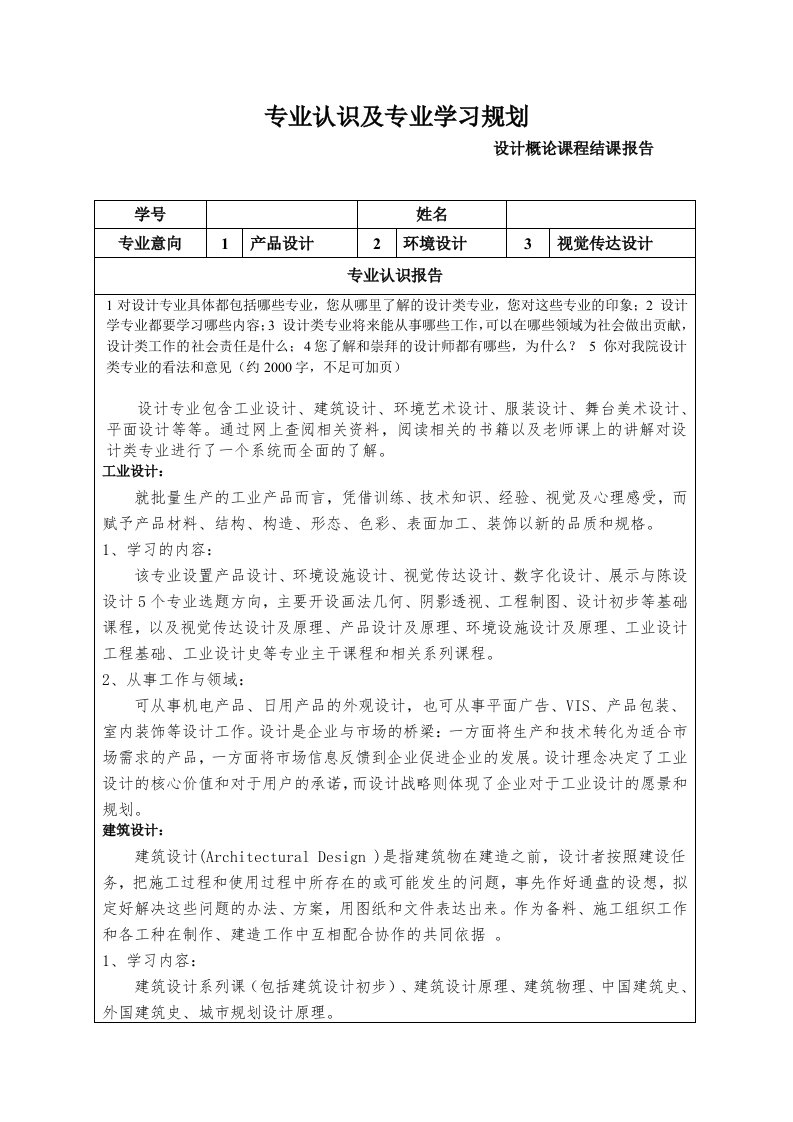 专业认识及专业学习规划设计概论结课报告