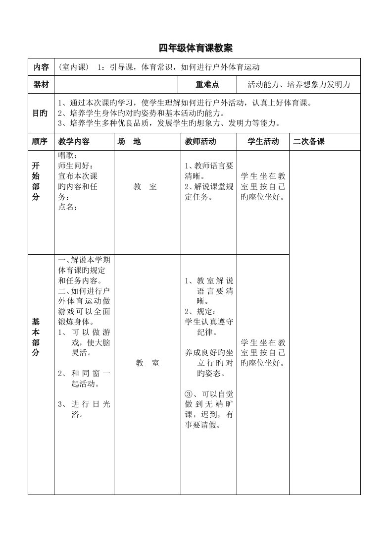 小学四年级下册体育表格式教案