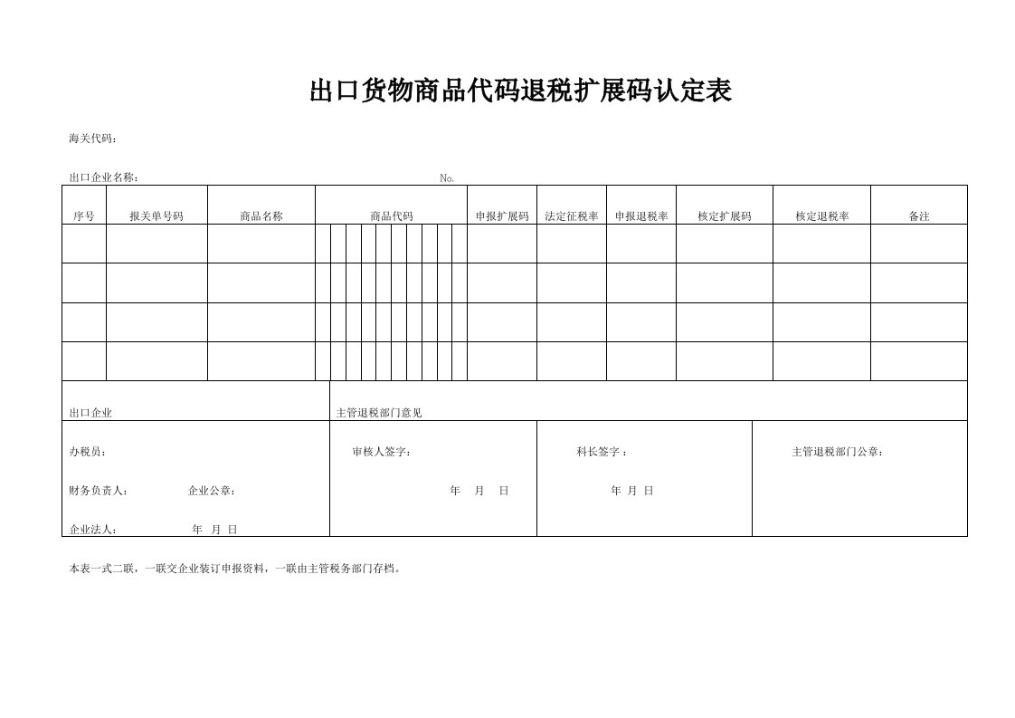 出口货物商品代码退税扩展码认定表