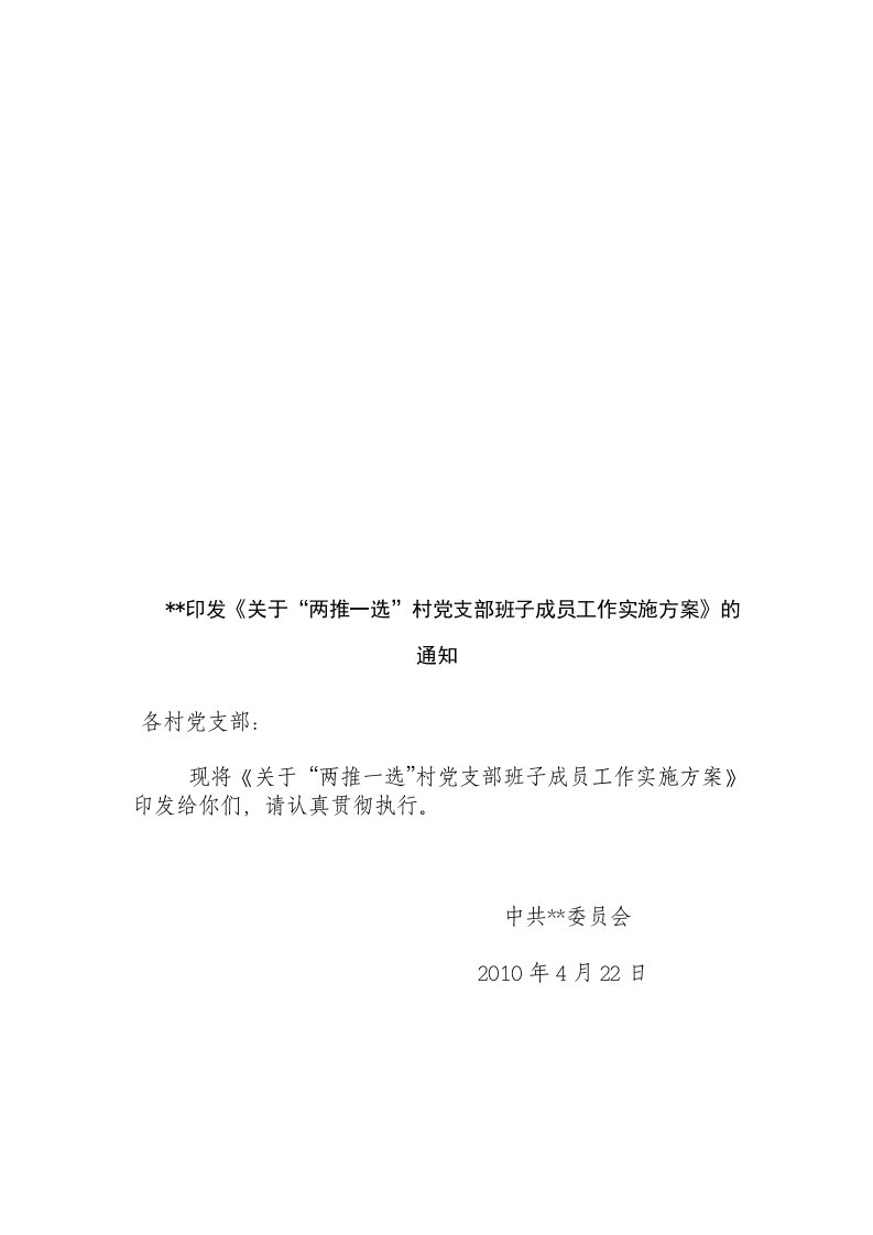 关于“两推一选”村党支部班子成员工作实施方案