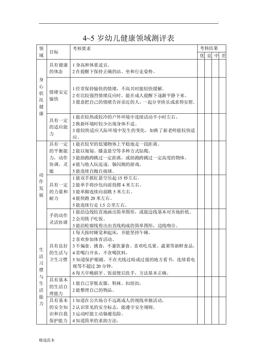 4-5岁幼儿期末测查表