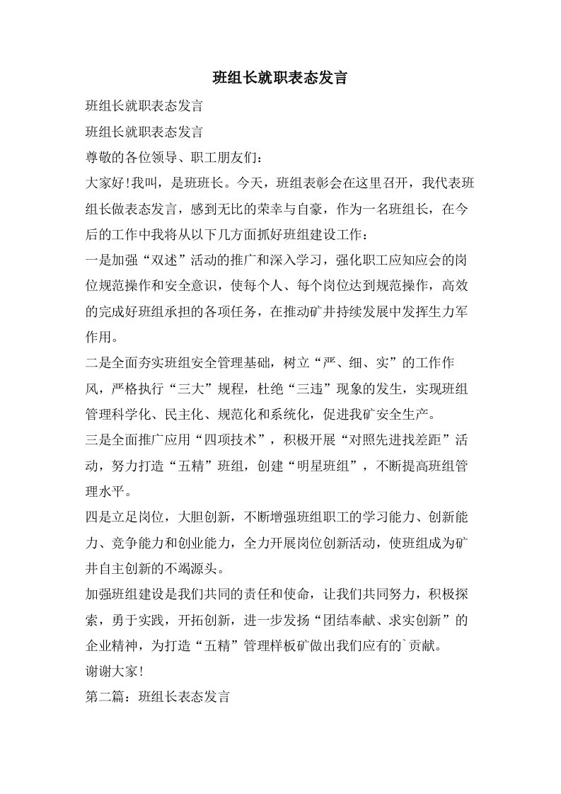 班组长就职表态发言