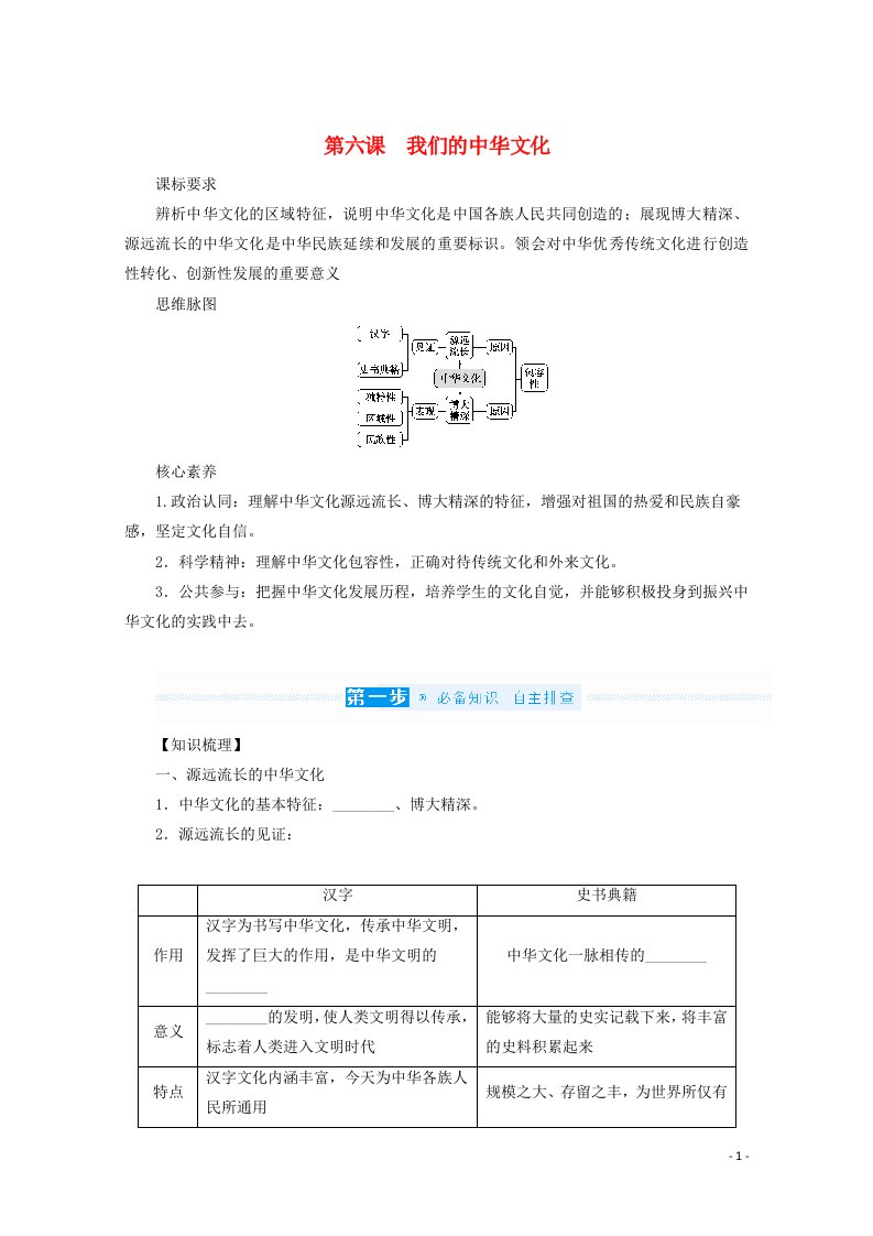 2022届高考政治一轮复习第三单元中华文化与民族精神6我们的中华文化学案新人教版必修3202106112155