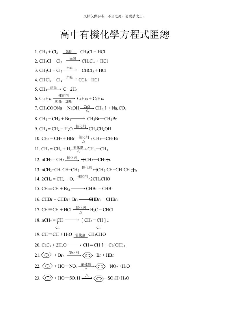 高中有机化学方程式汇总(全)(已免费)