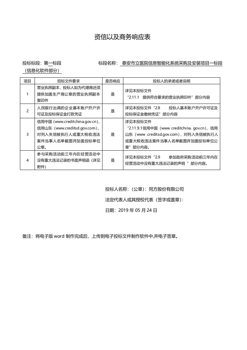 资信以及商务响应表