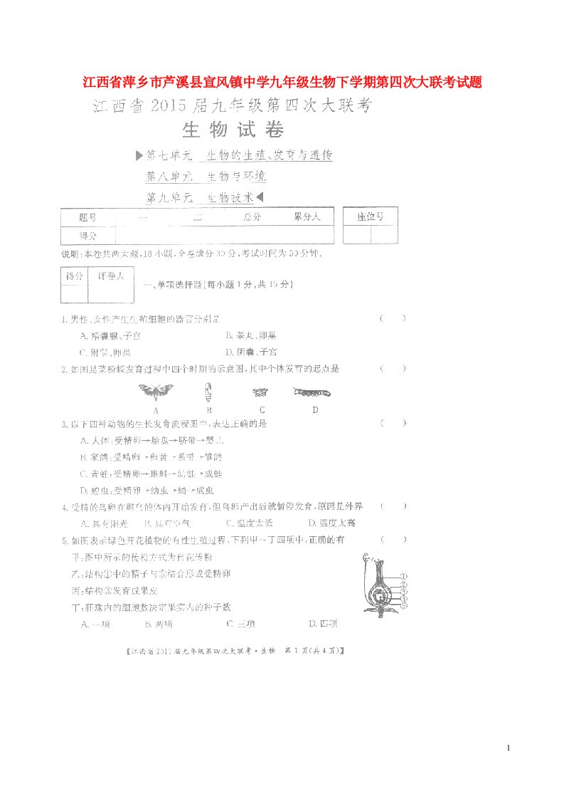 江西省萍乡市芦溪县宣风镇中学九级生物下学期第四次大联考试题（扫描版，无答案）