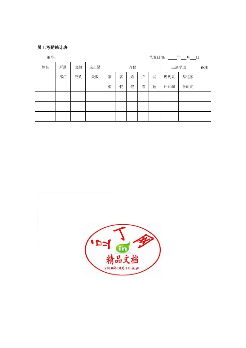 员工考勤统计表